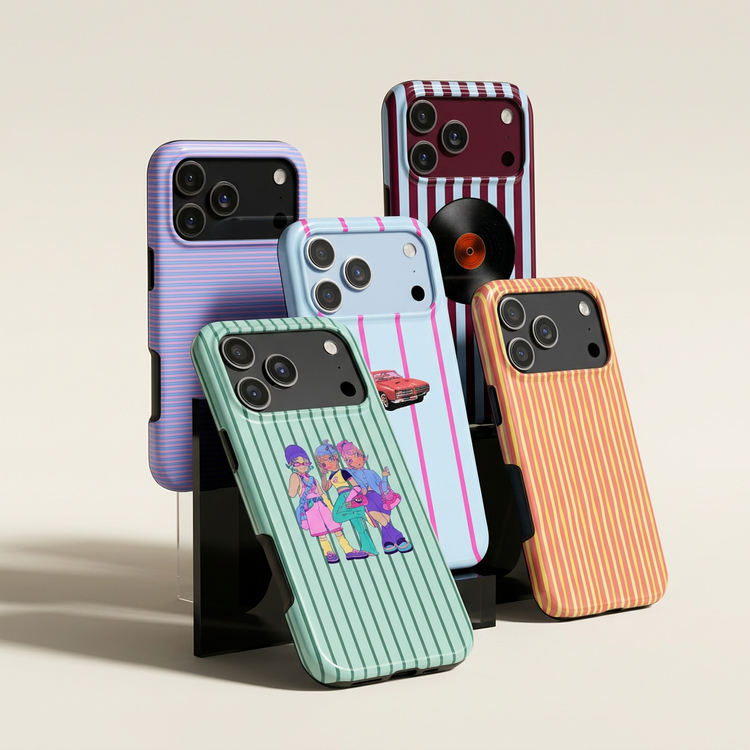 KOLESSA phone cases arranged together in an editorial still life on ivory